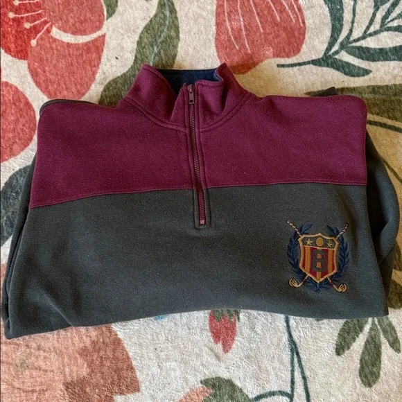Vintage Bugle Boy 1/4 Zip Fleece Pullover Sweatshirt Green Red Embroidered XL