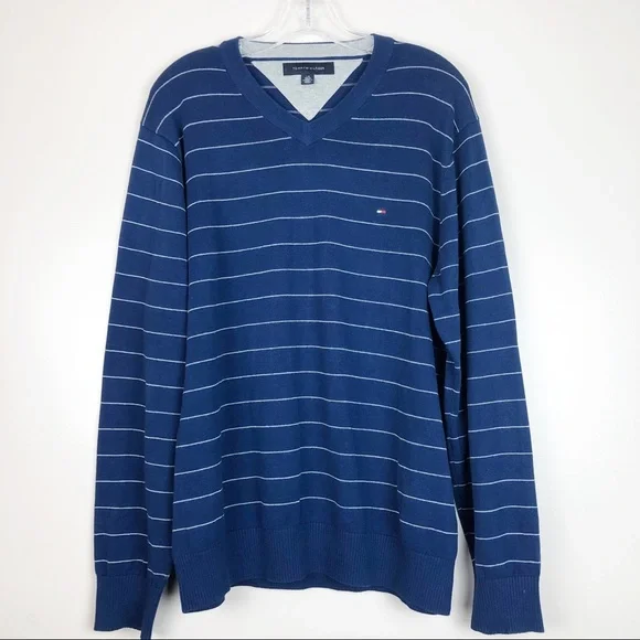 Tommy Hilfiger Sweater Blue Stripe V Neck Size Mens Large