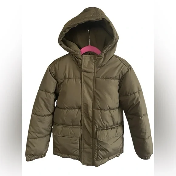 Old Navy Olive Green Hooded Puffer Jacket Girls Size S 6-7