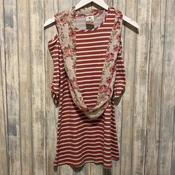 Jenna & Jessie | Girls Off the shoulder scarf attached floral striped dress