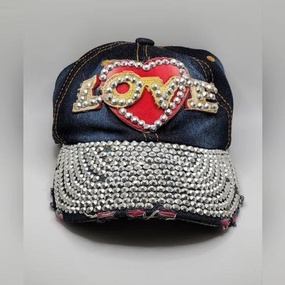 Distressed Denim Embellished Beaded Ball Cap 