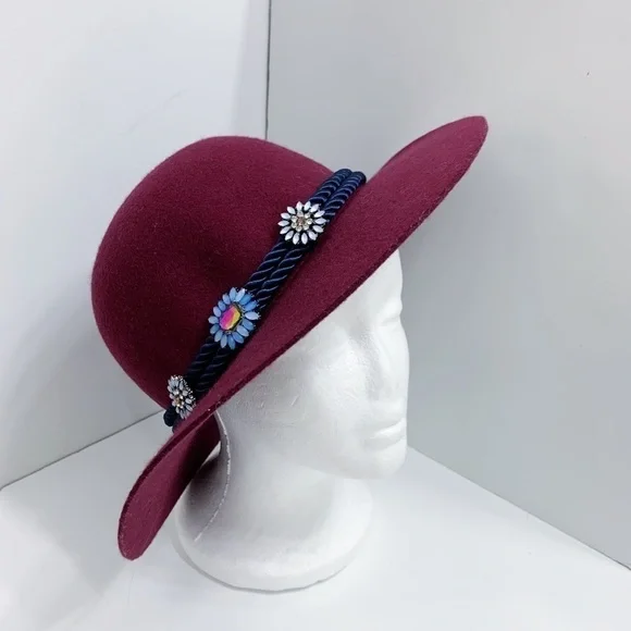 Zara Burgundy Wide Brim Wool Hat. Sz. Medium