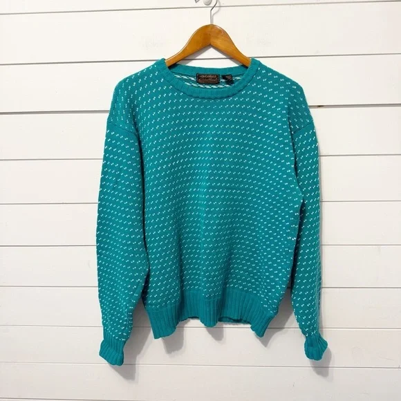 Vintage Eddie Bauer Mens Bird's Eye Teal Crewneck 100% Cotton Sweater Size Large