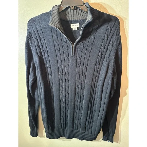 Haggar Lg Navy Blue 1/4 Zip Sweater‎ Zipper Pull Missing As Shown