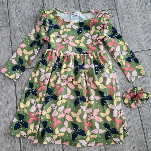 Blueberi Boulevard Green Leaf Print Long Sleeve Dress with Scrunchie Size 4T