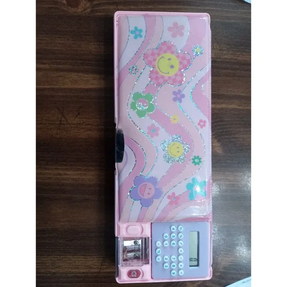 Hot Focus Pink Smiley Flower Multi-Function Pencil Case w/ Calculator Sharpener