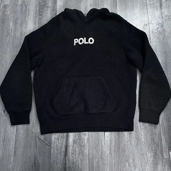Polo Ralph Lauren Pile Fleece Sherpa Hoodie Mens Small Black Embroidered Preppy