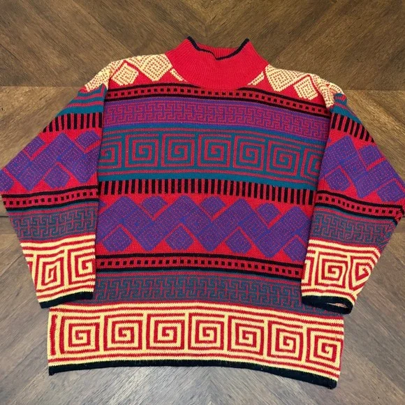 Vintage Michael Carrie Geometric Greek Key Knit Sweater Red Multi Color Mens M