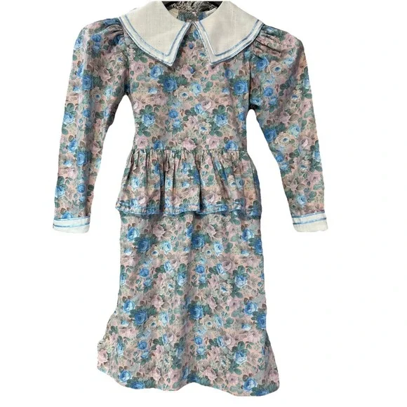 Vtg Debut Prairie Dress Girls Size 7 Ruffled Floral Cottagecore USA Long Sleeve