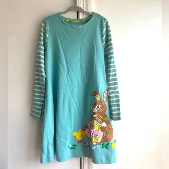 Mini Boden bunny and egg appliqué size 6-7 long sleeve dress  100% cotton