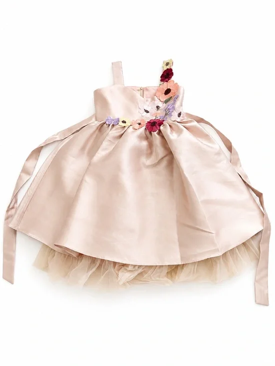 Bonnie Jean Blush Pink Satin Dress with Floral Appliqué