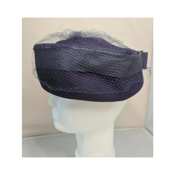 Vintage Glenover Hat Ribbon Veil pillbox Navy Blue Felt formal derby party
