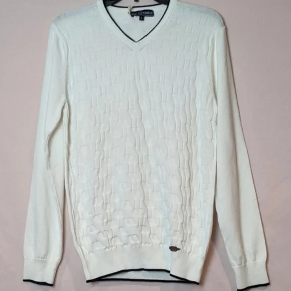Paul Parker Off White Weave Textured Knit V Neck Pullover Sweater size Small