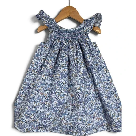 Gil & Niya Floral Smocked Cotton Dress 3T Girls Blue Purple Flutter Sleeve