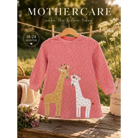 Mothercare Pink Giraffe Applique Toddler Dress 18-24M Cute Safari