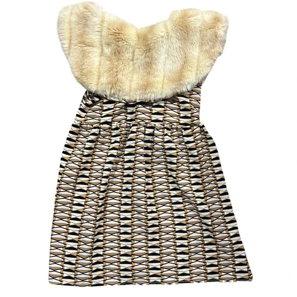 Kensington‎ Lane Kids Geometric Faux Fur Collar Dress Tan Black White Handmade
