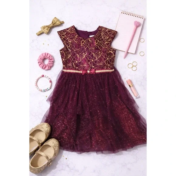 Girls Party Dress Burgundy Gold Lace Sparkle Tiered Occasion Holiday Size 8