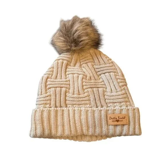 Britts Knits Oatmeal Plush Lined Pom Beanie Hat Women's One-Size