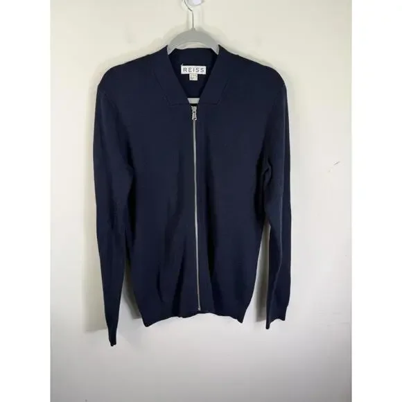 Reiss‎ Zip Cardigan Bomber Small Navy Blue Wool Blend Knitted Jacket Mens