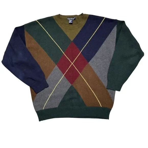 Nautica Vintage Men's Argyle Colorblock Multicolor V-Neck Sweater 90s 80s Sz 2XL