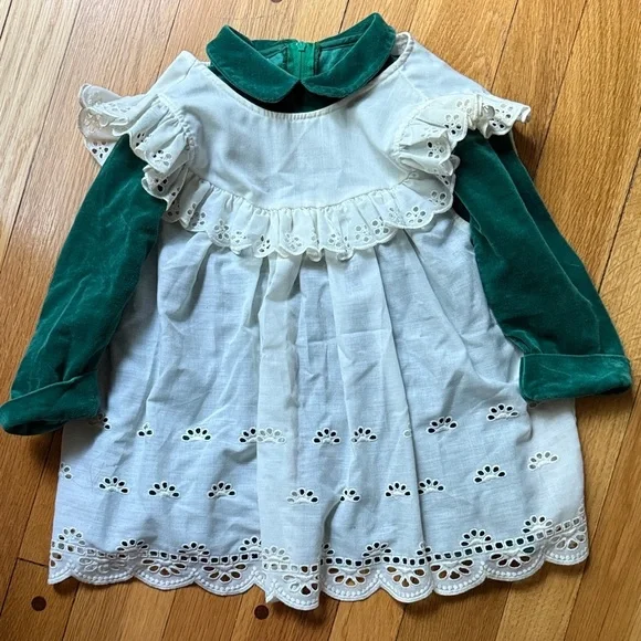 Vintage Harold Square by Kathy Schuster Green Velvet Eyelet Pinafore Dress 4T