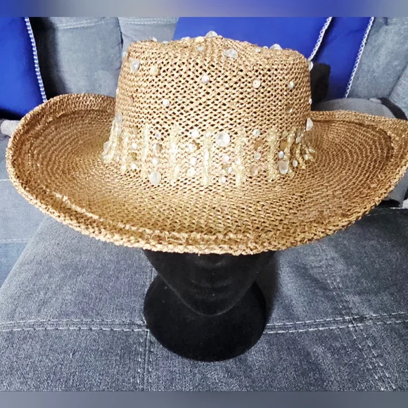 Eric Javits Straw Western Sun Hat with Shell and Sequin Trim - Natural