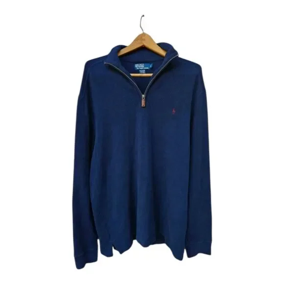 Polo Ralph Lauren Sweatshirt Mens L Blue Pullover 1/4 Zip Red Pony Preppy Soft