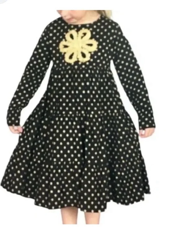 Hanna Andersson Twirl Power Dress black gold polka dots‎ Sz 6-7 100% Cotton
