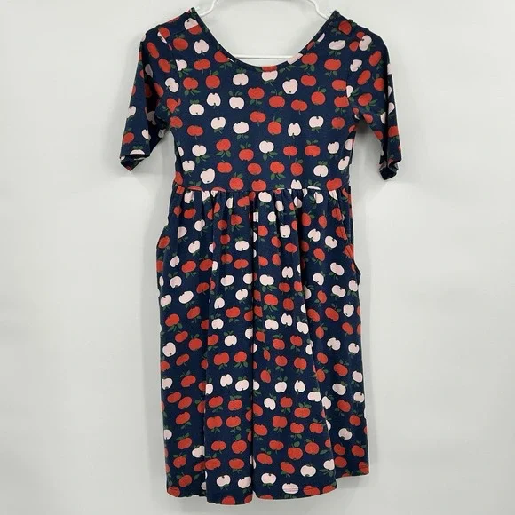 Hanna Andersson Twill Apple Print Skater Dress Size 12 150 cm Pockets Navy BLue