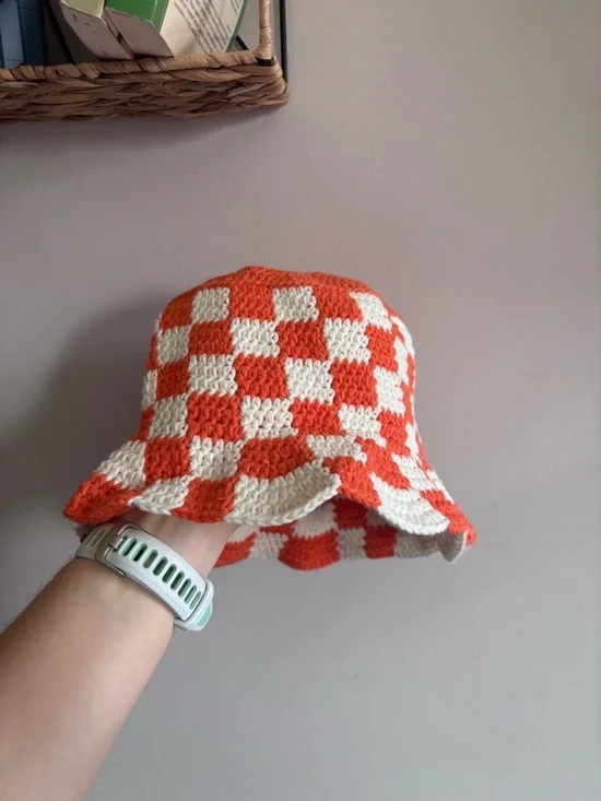 Handmade Crochet Checkered Bucket Hat in Orange & Cream