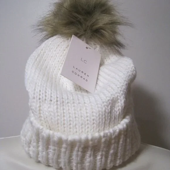 Lauren Conrad Knit Sparkle Beanie Hat White Cream Ivory Faux Fur Pom Pom W/ Pin