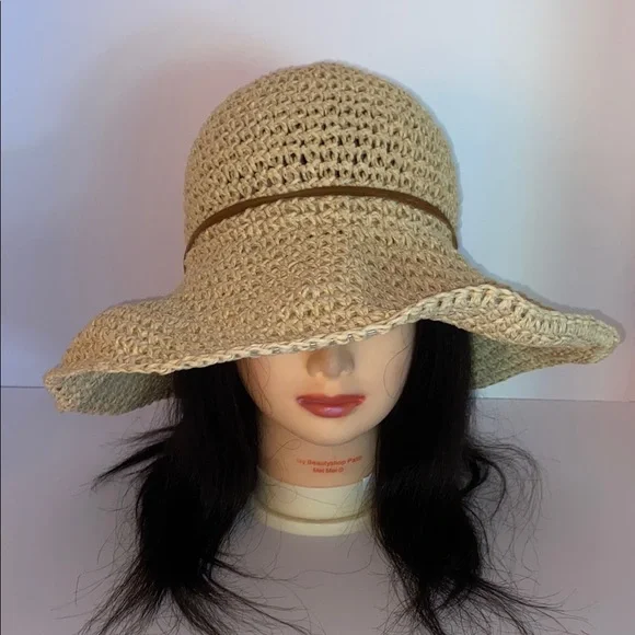 Natural Straw Wide Brim Packable Adjustable with Brown Leather Bow Hat SZ:OS