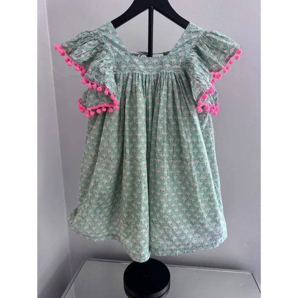 Paisley Magic Girls Dress 5 Green Block Print Pom Trim Boho Cotton India