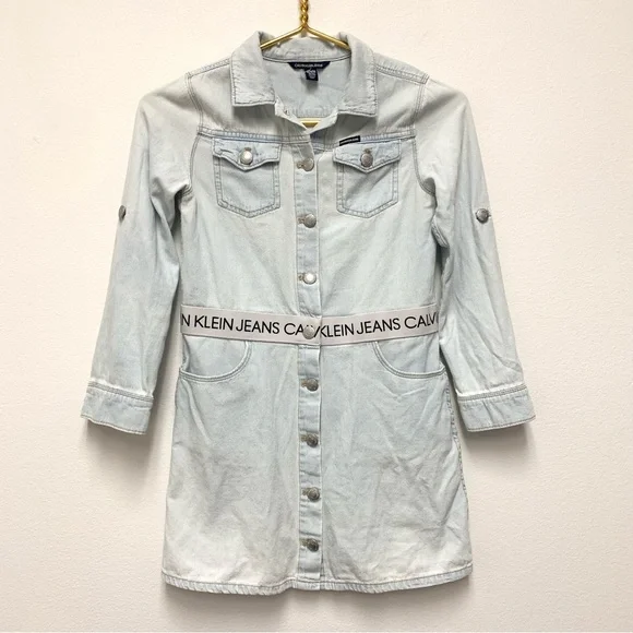 Calvin Klein Girls Chambray Denim Shirt Dress‎ Size M Logo Waistband Long Sleeve
