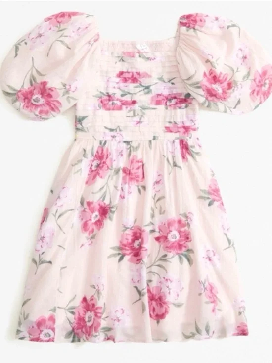 Abercrombie & Fitch Girls 11/12 Emerson Floral Puff Sleeve Mini Dress Pink