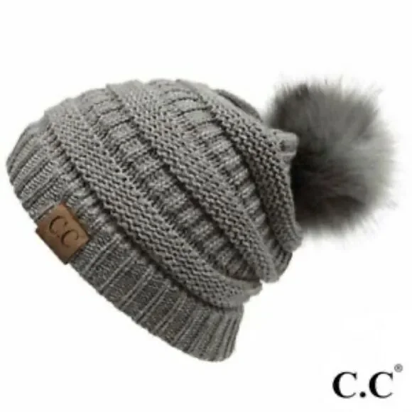C.C Dark Gray Winter Trendy Pom Pom Beanie Hat