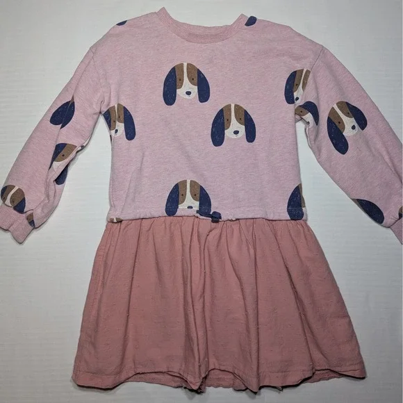 Mini Boden Girls Pink Puppy Dog Sweatshirt Dress Swiss Dot Mix Flawed