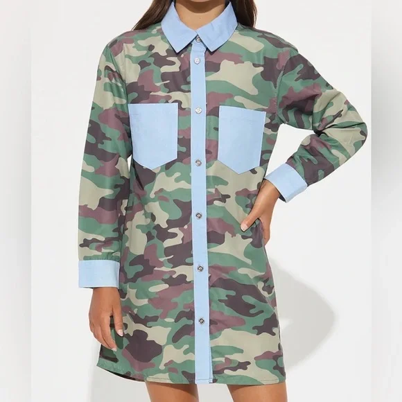 Camouflage Shirt Dress with Blue Accents