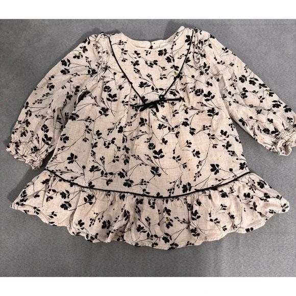 Zara 12-18 Months Neutral Floral Long‎ Sleeve Dress Prairie Boho Ruffle Soft
