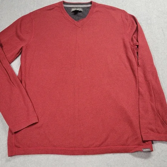 Eddie Bauer Mens XLT‎ Red Cotton Merino Wool V-Neck Sweater Grandpa Gorpcore
