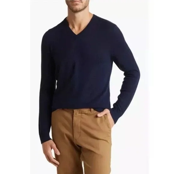 Brooks Brothers V Neck Wool Spandex Stretch Sweater M Navy L Prof Dry Cleaned
