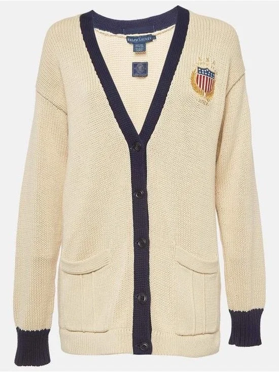 NWT RALPH LAUREN- Olympic Team Embroidered Knit Cardigan Cream Size M