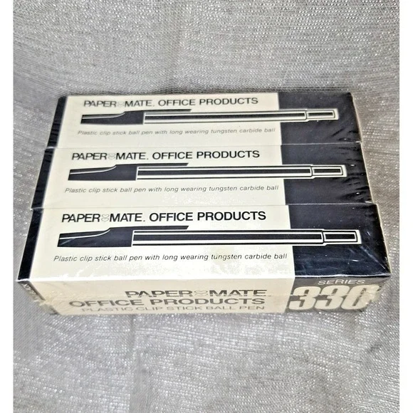 3 Sealed Boxes '80s Paper Mate 330 Plastic Clip Stick Ball Pens 333-11 Med Black