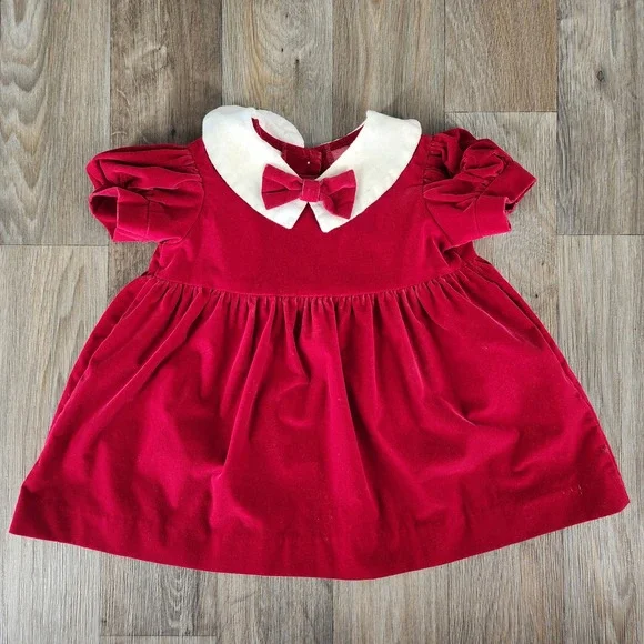 Vintage OshKosh Kids Girls Red Velvet Peter Pan Collar Bow Dress Size 12‎ Months