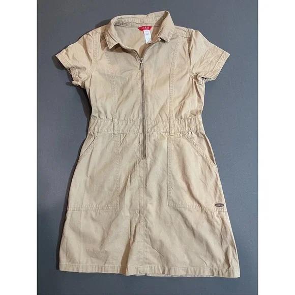 Girls Guess Vintage 90s  Khaki Cargo Utility Mini dress with pockets size 12