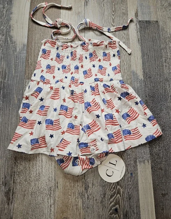 Caden Lane NEW 6-12 Months American Flag Smocked Dress Bamboo