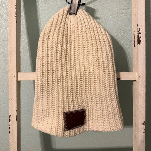 Love Your Melon Slouch Cream Knit Beanie with Leather Patch Women