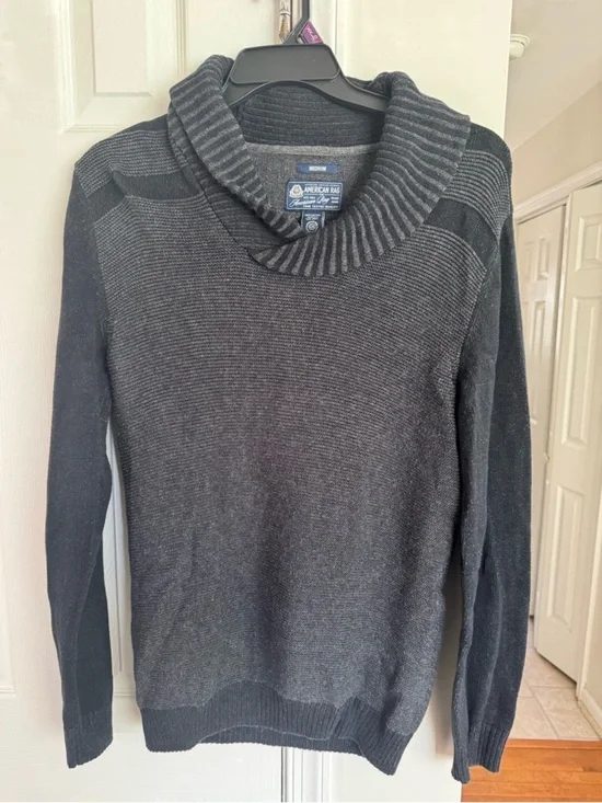 American Rag Mens Medium Gray Black Shawl Collar Knit Pullover Sweater Cotton