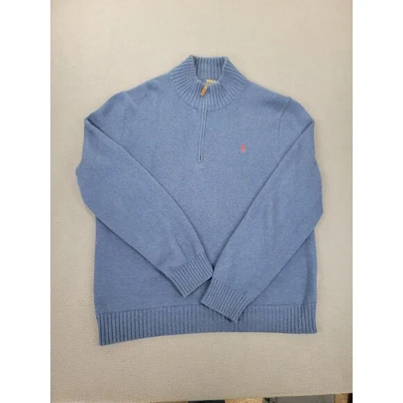 Polo Ralph Lauren Sweater Mens Large Blue‎ Quarter Zip Mock Neck Pony Logo Knit