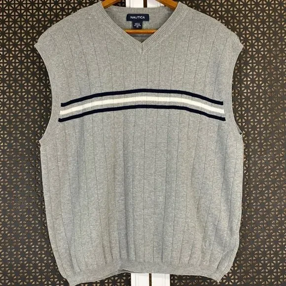 Mens Nautica Grey Sleeveless V Neck Pullover Sweater Size Medium
